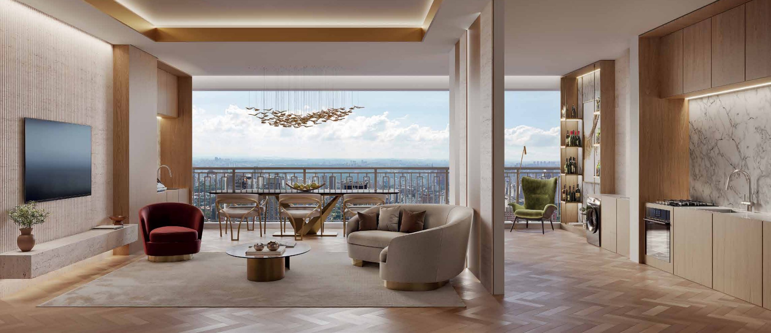 Perspectiva ilustrada: Oasis | Torre única | Living 76 m²